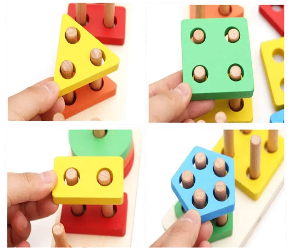 Wooden Geometric Shape Matching 5 Column Blocks Pole For Kids Early Educational Toys