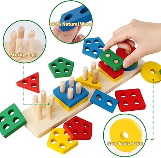Wooden Geometric Shape Matching 5 Column Blocks Pole For Kids Early Educational Toys