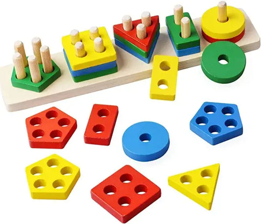 Wooden Geometric Shape Matching 5 Column Blocks Pole For Kids Early Educational Toys