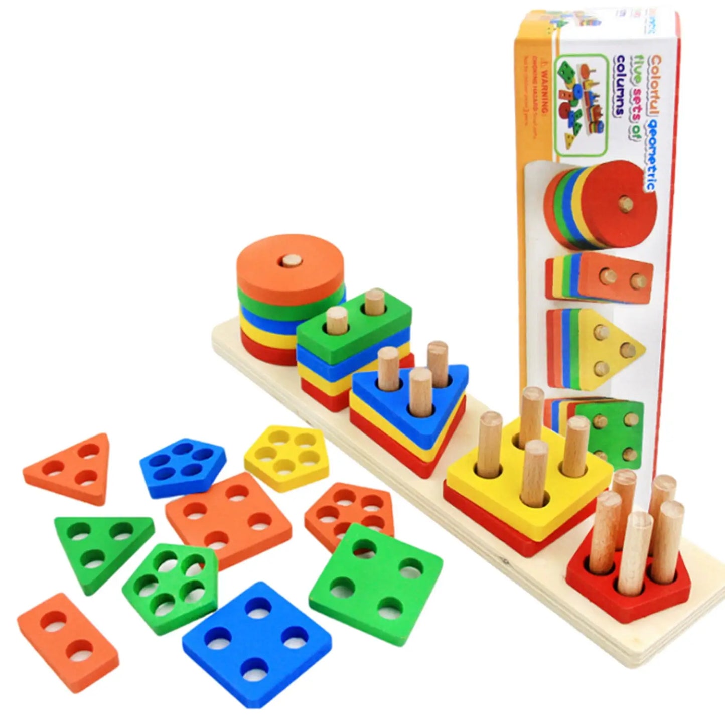 Wooden Geometric Shape Matching 5 Column Blocks Pole For Kids Early Educational Toys