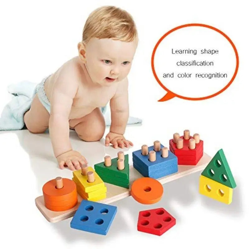 Wooden Geometric Shape Matching 5 Column Blocks Pole For Kids Early Educational Toys